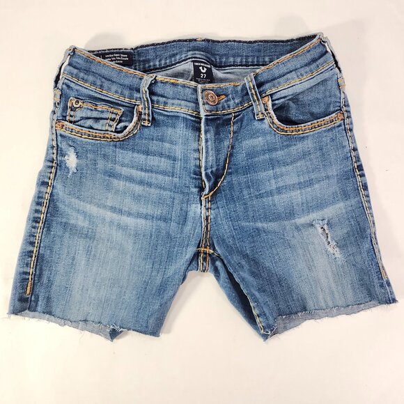 True Religion Casey Women 27 Mid Cut Off Blue Denim Jean Shorts Inseam 4" - Picture 2 of 12